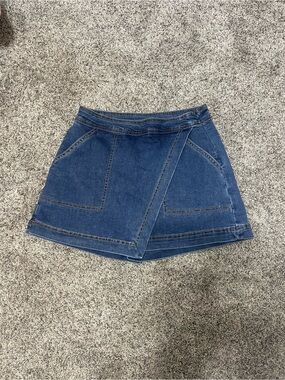 Denim Wrap Skort with Front Pockets - Blue